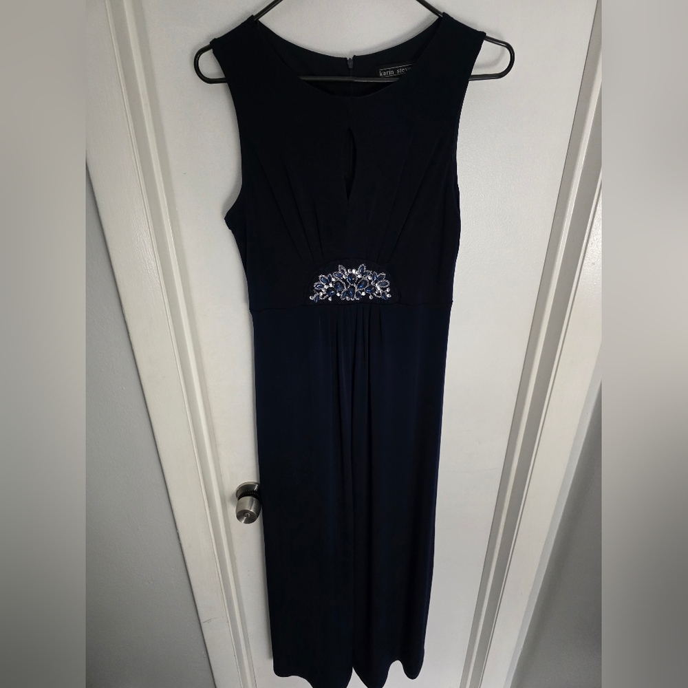 Karin Stevens Navy Blue Embellished Evening Gown Size 8